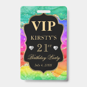 Rainbow Colours and Gold Glitter Agate Birthday VI ID Badge