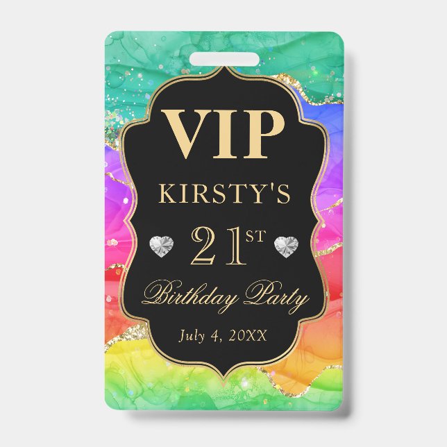 Rainbow Colours and Gold Glitter Agate Birthday VI ID Badge (Front)