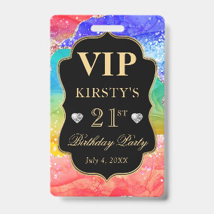 Rainbow Colours and Gold Glitter Agate Birthday VI ID Badge