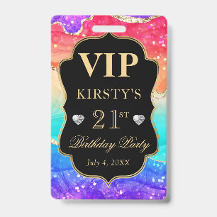 Rainbow Colours and Gold Glitter Agate Birthday VI ID Badge