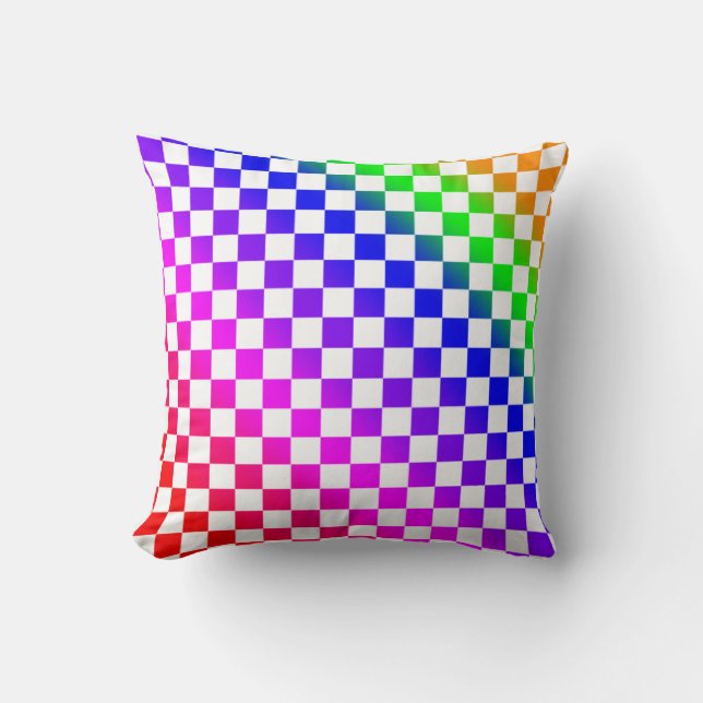Rainbow Colours and White Chequered Pattern Cushion (Front)