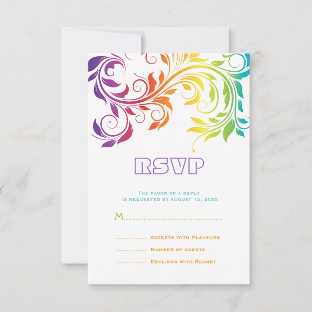 Rainbow colours colourful scroll leaf wedding RSVP Card (Front)
