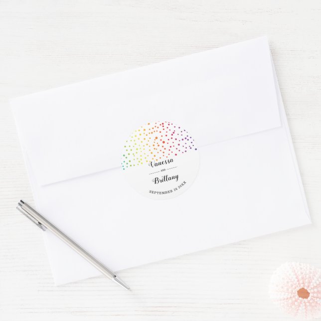 Rainbow colours confetti gay lesbian wedding classic round sticker (Envelope)