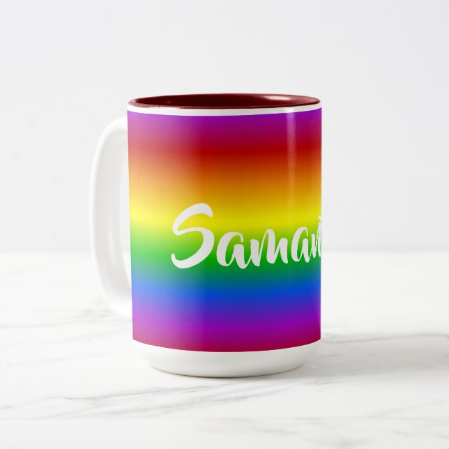 Rainbow Colours custom name mugs (Front Left)