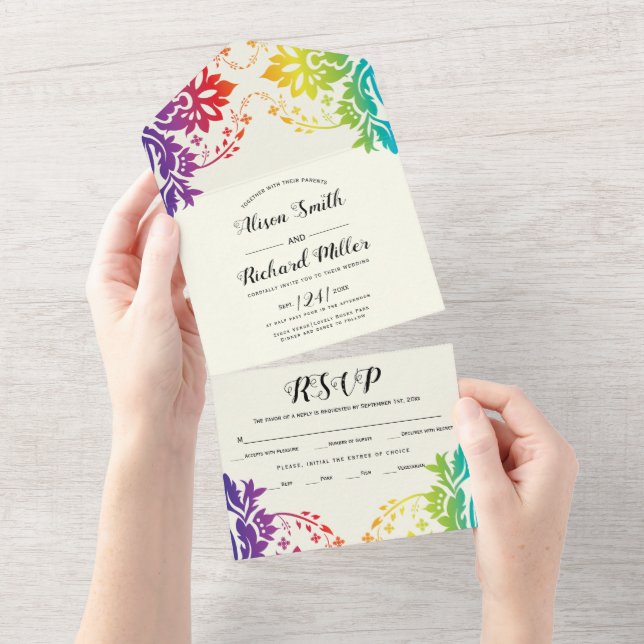 Rainbow colours damask gay, lesbian wedding all in one invitation (Tearaway)