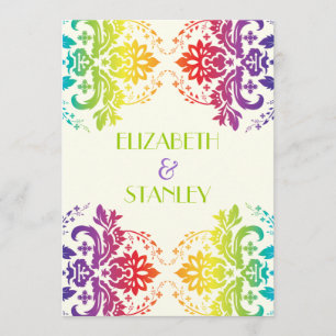 Rainbow colours damask wedding invitation
