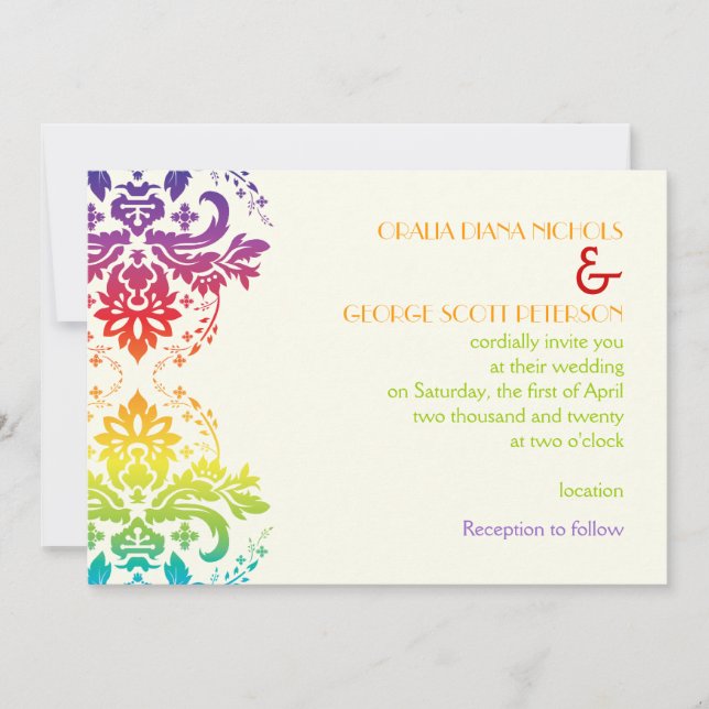 Rainbow colours damask wedding invitation (Front)