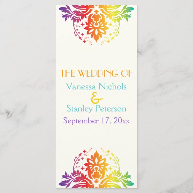 Rainbow colours damask wedding program (Front)