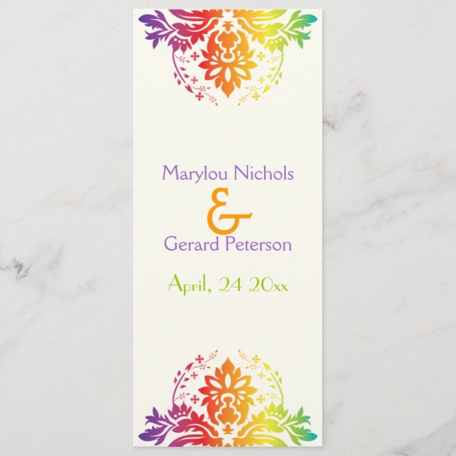 Rainbow colours damask wedding program (Front)