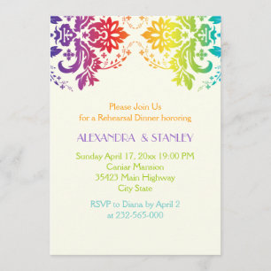 Rainbow colours damask wedding rehearsal dinner invitation