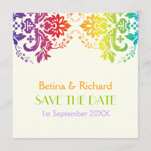 Rainbow colours damask wedding Save the Date