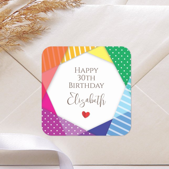 Rainbow Colours Festival Themed Happy 30th Birthda Square Sticker (Creator Uploaded)