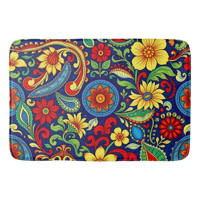 Rainbow Colours Flower Paisley Design Bath Mat (Front)