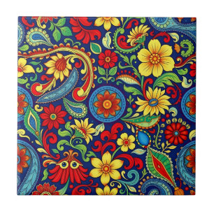 Rainbow Colours Flower Paisley Design Ceramic Tile