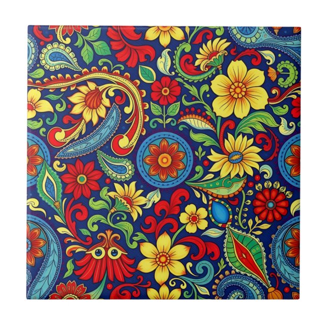 Rainbow Colours Flower Paisley Design Ceramic Tile (Front)