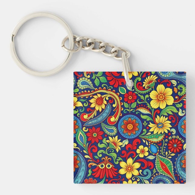 Rainbow Colours Flower Paisley Design Key Ring (Front)