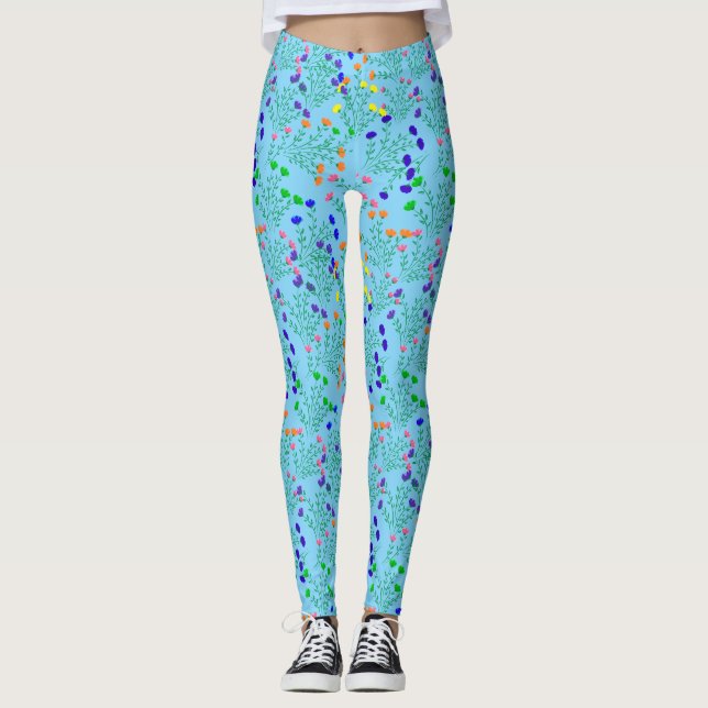 Rainbow colours Flowersx4.LBlue BG Leggings (Front)