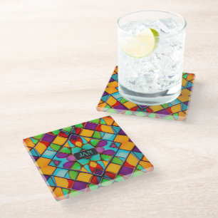 Rainbow Colours Glass Painting with custom initial Glass Coaster