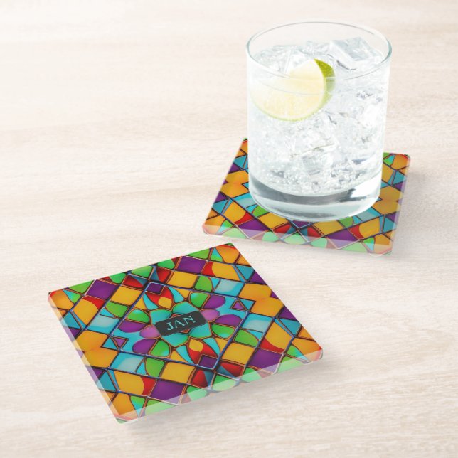 Rainbow Colours Glass Painting with custom initial Glass Coaster (Angled)