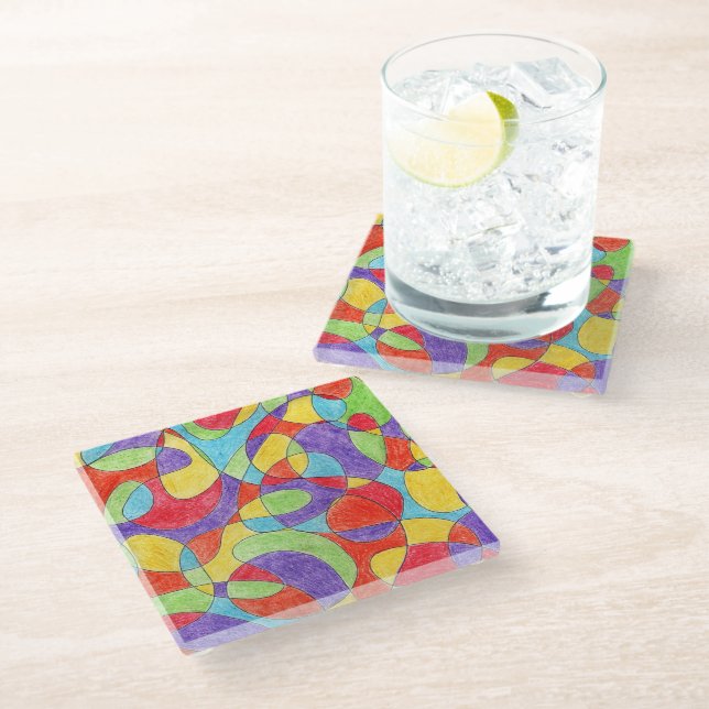 Rainbow Colours Hand Drawn Crayon Doodle Pattern Glass Coaster (Angled)