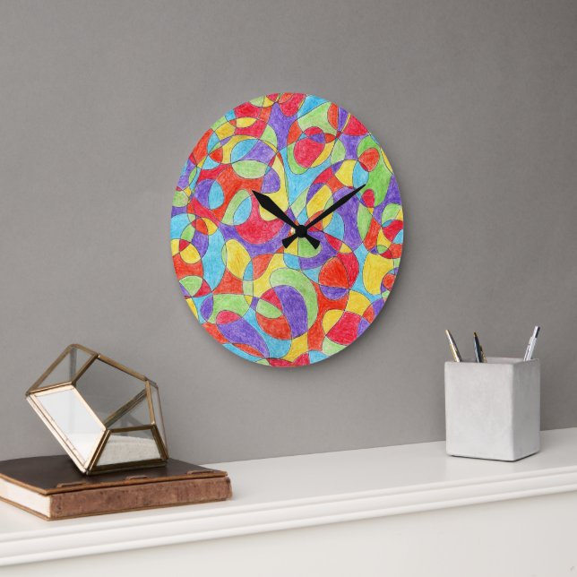 Rainbow Colours Hand Drawn Crayon Doodle Pattern Large Clock (Office)