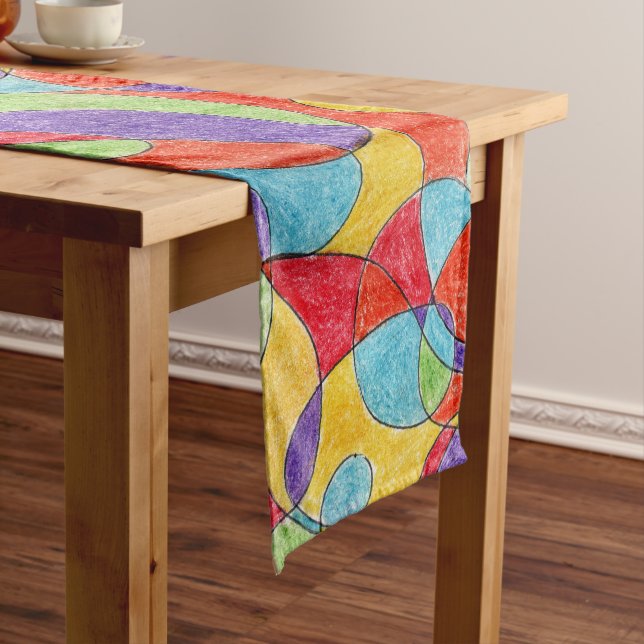 Rainbow Colours Hand Drawn Crayon Doodle Pattern Short Table Runner (In Situ)