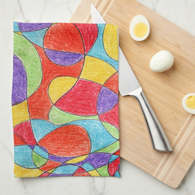 Rainbow Colours Hand Drawn Crayon Doodle Pattern Tea Towel (Quarter Fold)