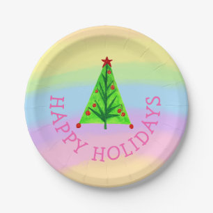 Rainbow Colours Happy Holidays Tree Christmas Paper Plate