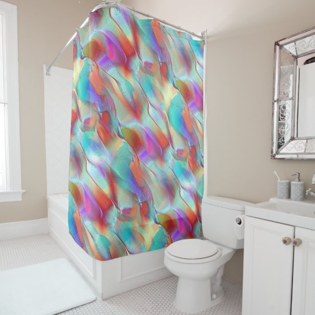 Rainbow colours in virtual pearly rock shower curtain (In Situ)