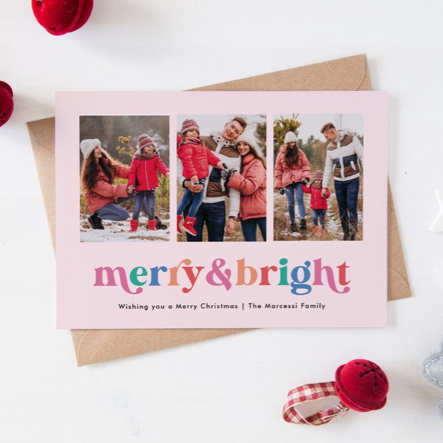 Rainbow Colours Merry and Bright Modern 3-Photo Holiday Card (colourful merry and bright holiday photo card)