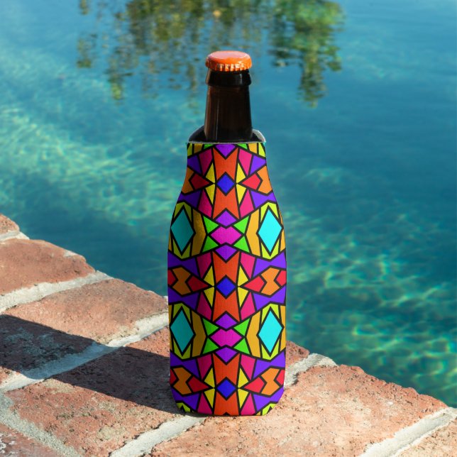 Rainbow Colours Patchwork Geometric Repeat Pattern Bottle Cooler (In Situ Pool)