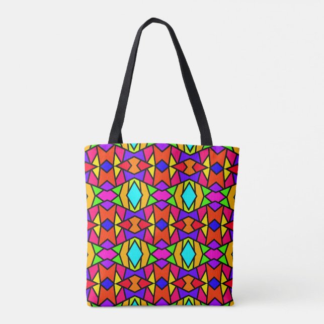 Rainbow Colours Patchwork Geometric Repeat Pattern Tote Bag (Back)