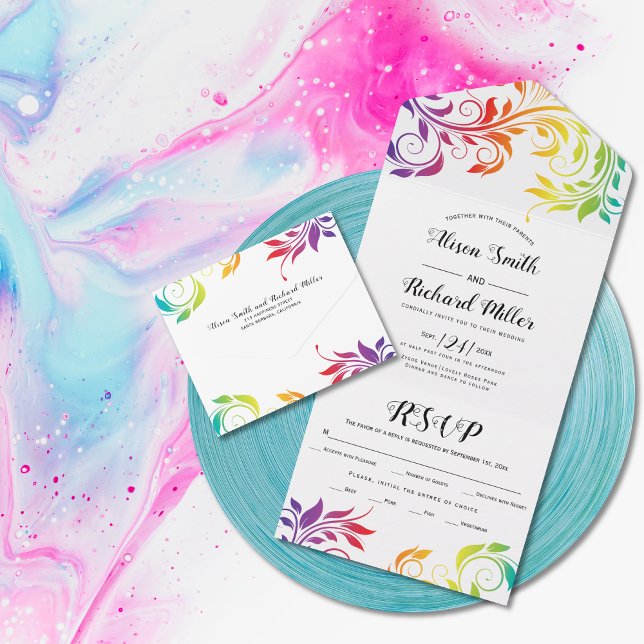 Rainbow colours scroll leaf gay, lesbian wedding all in one invitation (Creator Uploaded)