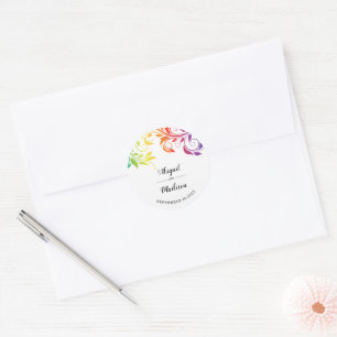Rainbow colours scroll leaf gay lesbian wedding classic round sticker