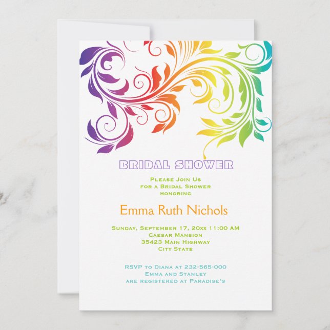 Rainbow colours scroll leaf wedding bridal shower invitation (Front)
