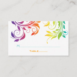Rainbow colours scroll leaf wedding place card