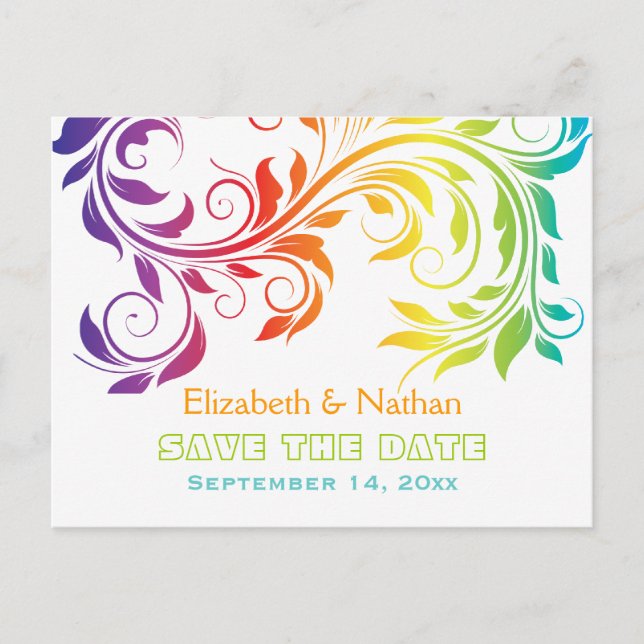 Rainbow colours scroll leaf wedding Save the Date Announcement Postcard (Front)
