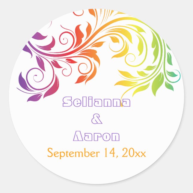 Rainbow colours scroll leaf wedding Save the Date Classic Round Sticker (Front)