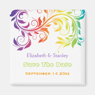 Rainbow colours scroll leaf wedding Save the Date Magnet