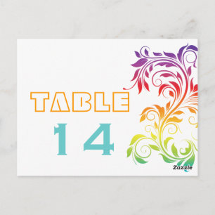 Rainbow colours scroll leaf wedding table number postcard