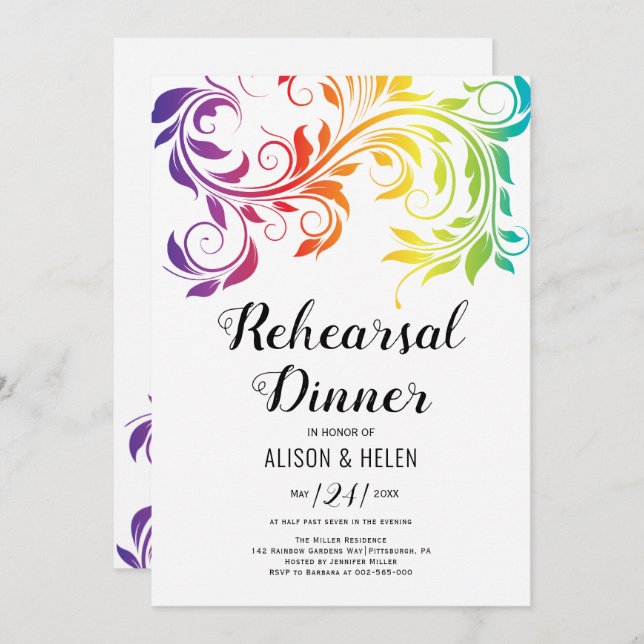 Rainbow colours scroll lesbian rehearsal dinner invitation (Front/Back)