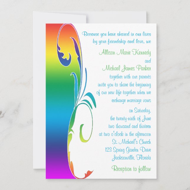 Rainbow Colours Scrolled Wedding Invitation (Front)