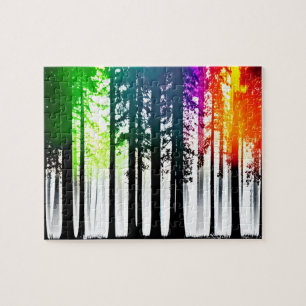 Rainbow Colours Shine in Black Silhouette Forest Jigsaw Puzzle