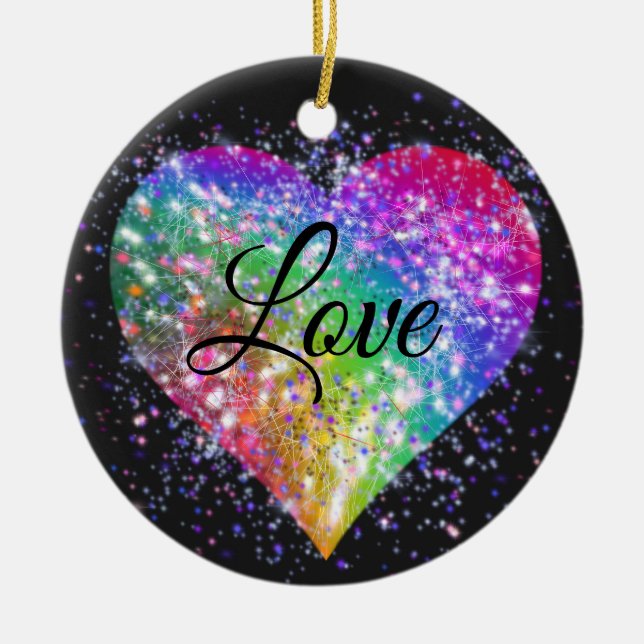 Rainbow colours sparking glitter heart love  ceram ceramic ornament (Front)