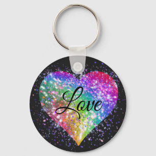 Rainbow colours sparking glitter heart love    key key ring