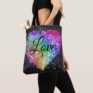 Rainbow colours sparking glitter heart love    tot tote bag