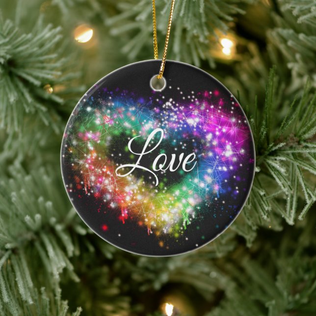 Rainbow colours spray paint sparking glitter heart ceramic ornament (Tree)