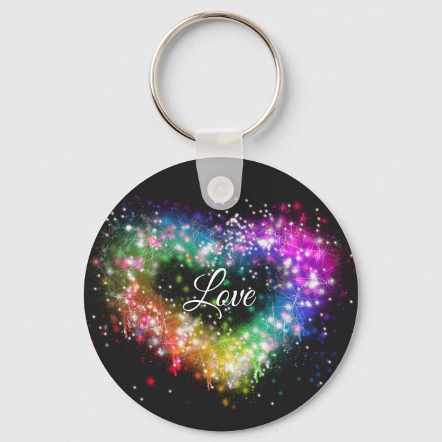 Rainbow colours spray paint sparking glitter heart key ring (Front)