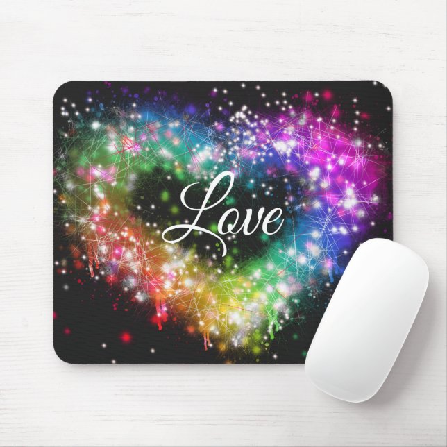 Rainbow colours spray paint sparking glitter heart mouse pad (With Mouse)