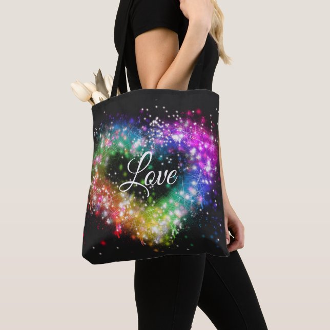 Rainbow colours spray paint sparking glitter heart tote bag (Close Up)
